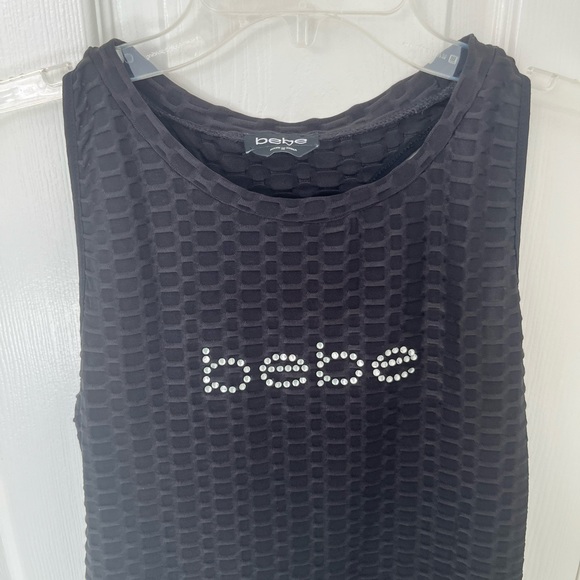 BEBE Y2K Ribbed Rhinestone Bling Logo Tank Top Stretchy Jet Black | Medium - Picture 3 of 6